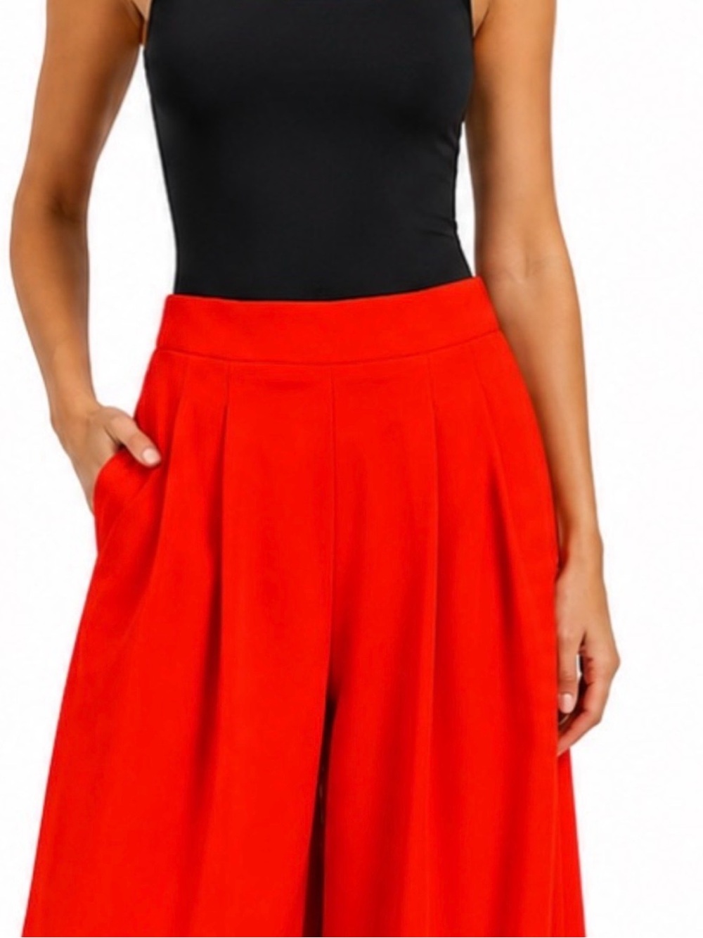 Tomato Red Wide Leg Pants Pleated High Rise Elastic Waist with Pockets, Large